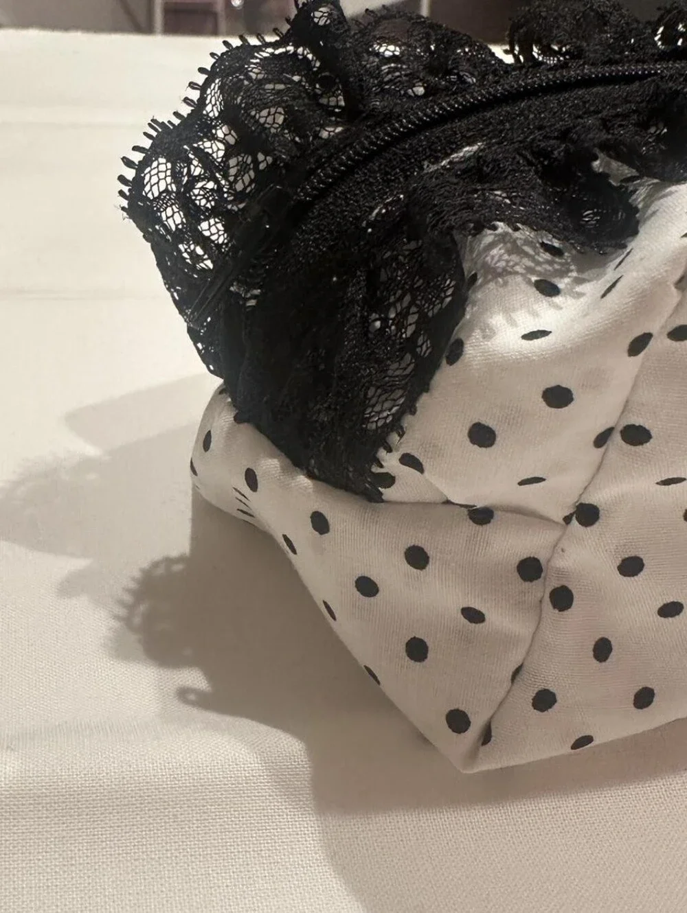 Handmade White Polka Dot Makeup Bag 🖤✨ Black Lace Ruffle Pouch | Coquette
